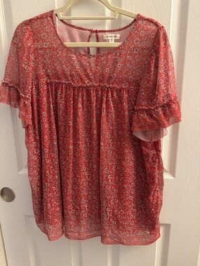 Max Studio Red Floral Ruffle Sleeve Blouse